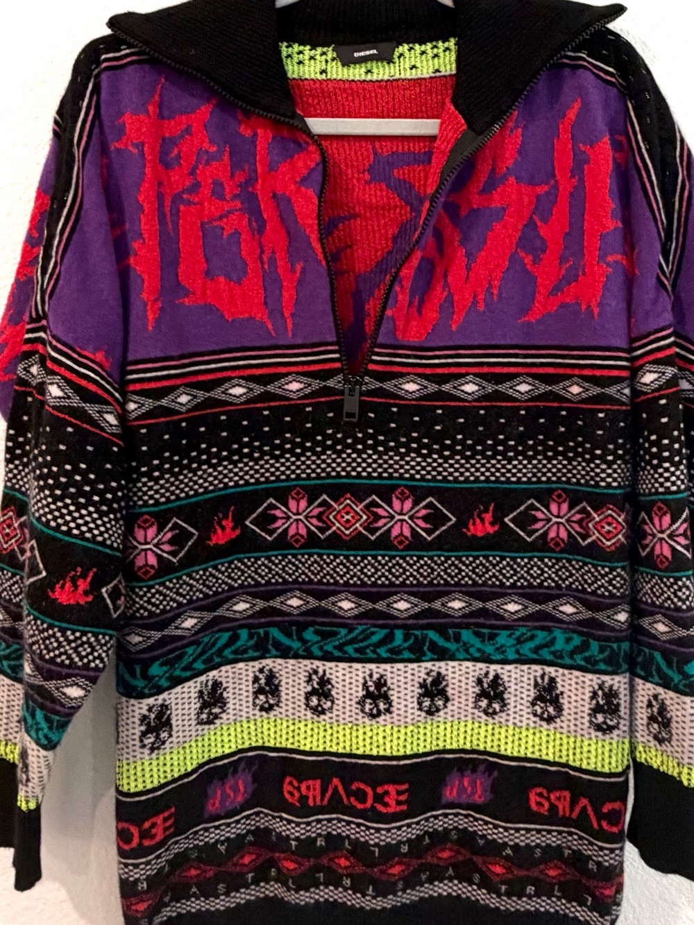 DIESEL K-Chill Fair Isle Punk Print Half-Zip Oversized Sweater SS 2020 size xs